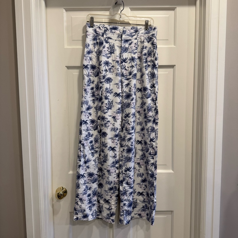 Abercrombie & Fitch Tailored Linen Wide Leg Trousers Palm Tree Print
